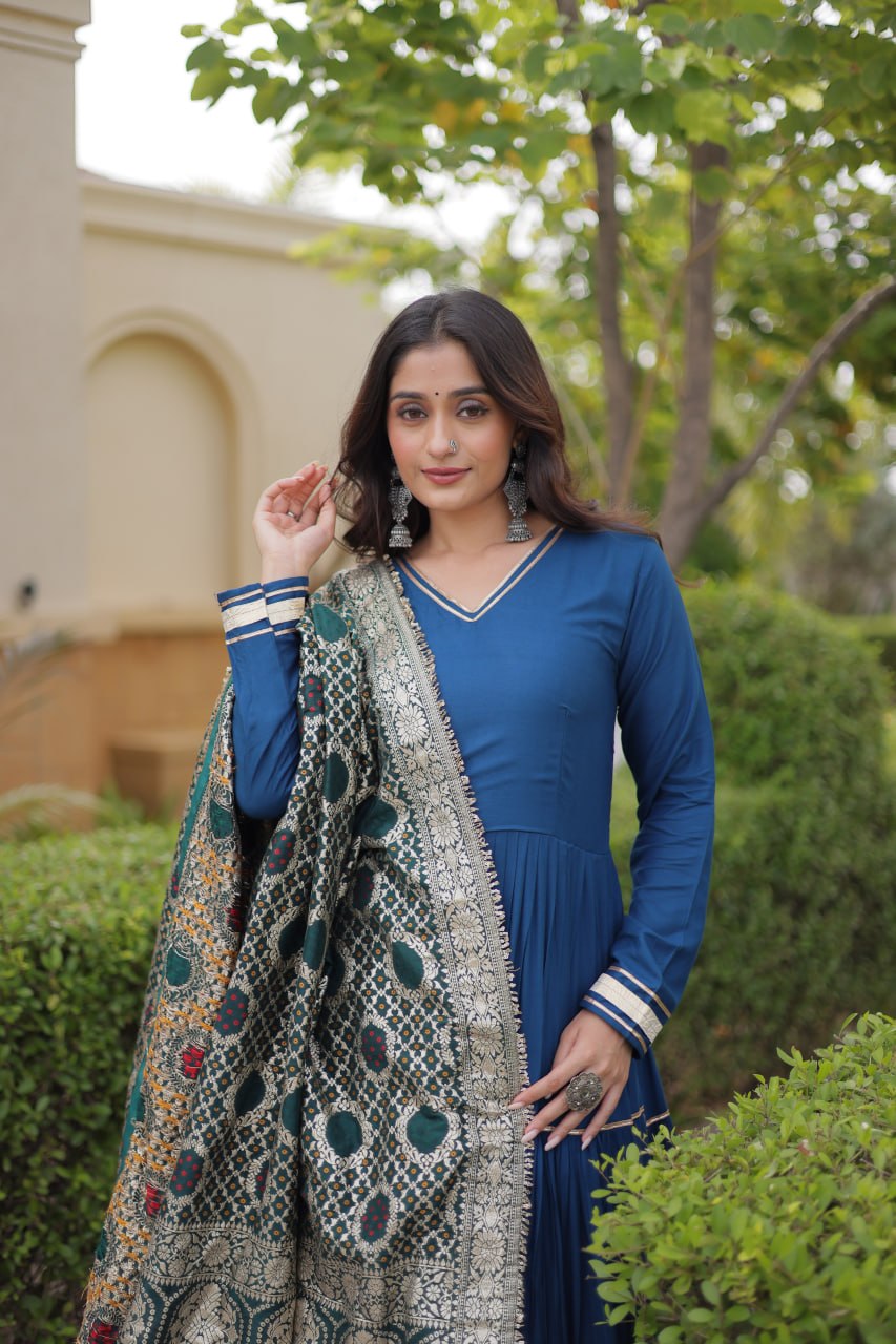 Peacock Blue Rayon Tiered Gown With Gota Patti & Lampi Lace Work And Viscose Jacquard Dupatta