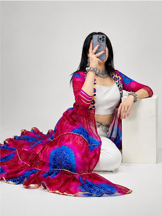 Pink & Blue Bandhani Printed Georgette Long Shrug With Gamthi Patchwork