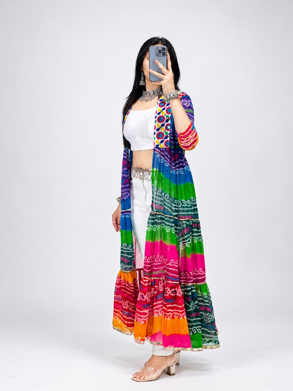 Multicolor Bandhani Printed Georgette Long Shrug With Gamthi Patchwork
