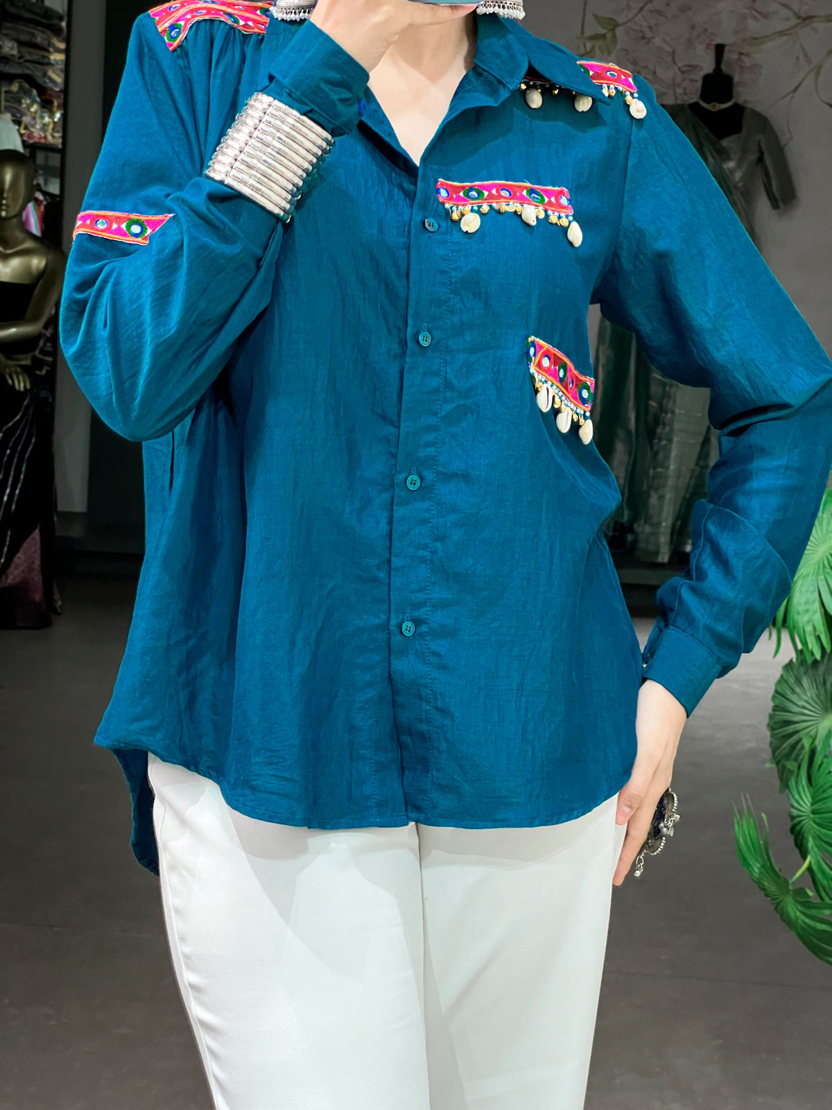 Peacock Blue Chinon Fabric Shirt Top With Pearl, Shells & Gamthi Work