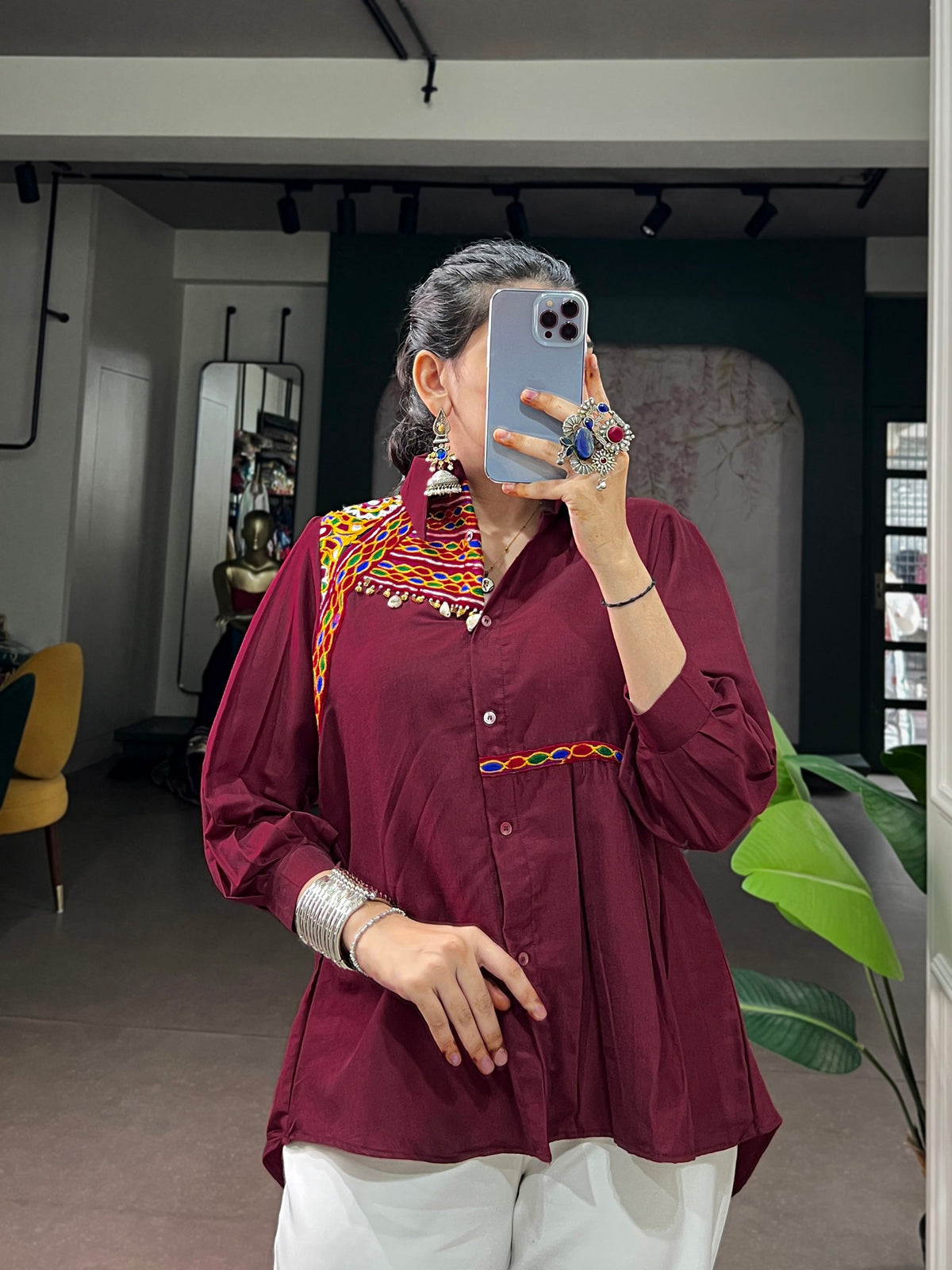Maroon Chinon Fabric Shirt Top With Pearl, Shells & Gamthi Work