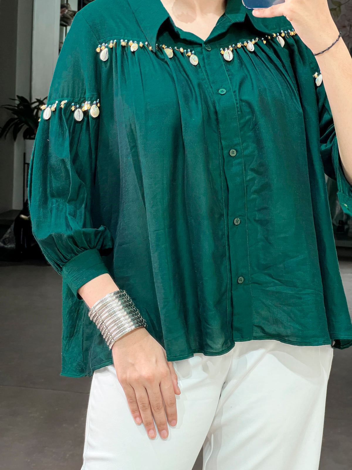 Bottle Green Chinon Fabric Top With Pearl, Shells & Gamthi Work
