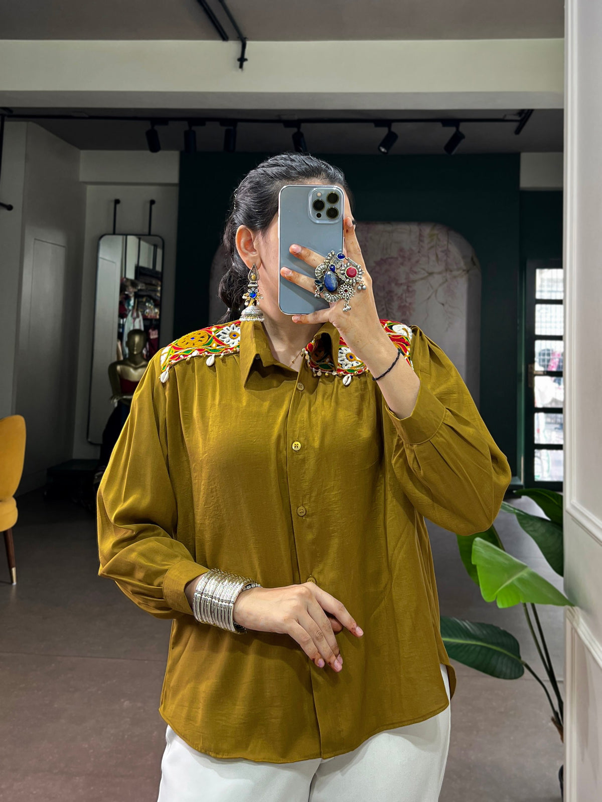 Mustard Yellow Chinon Fabric Shirt Top With Pearl, Shell & Gamthi Work