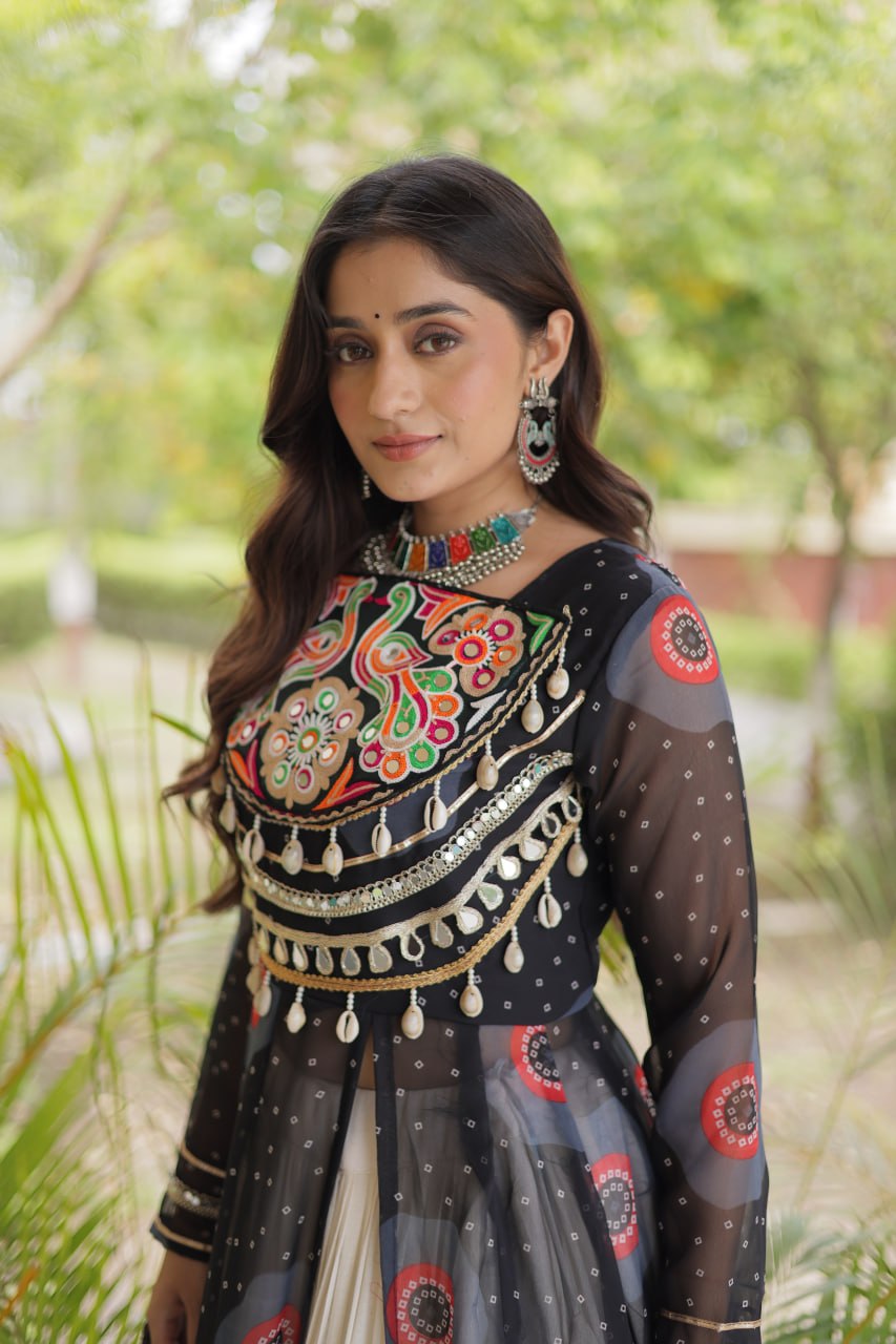 Black Bandhani Print Faux Georgette Kurti With Kutchi Patchwork & Off-White Flared Lehenga Set