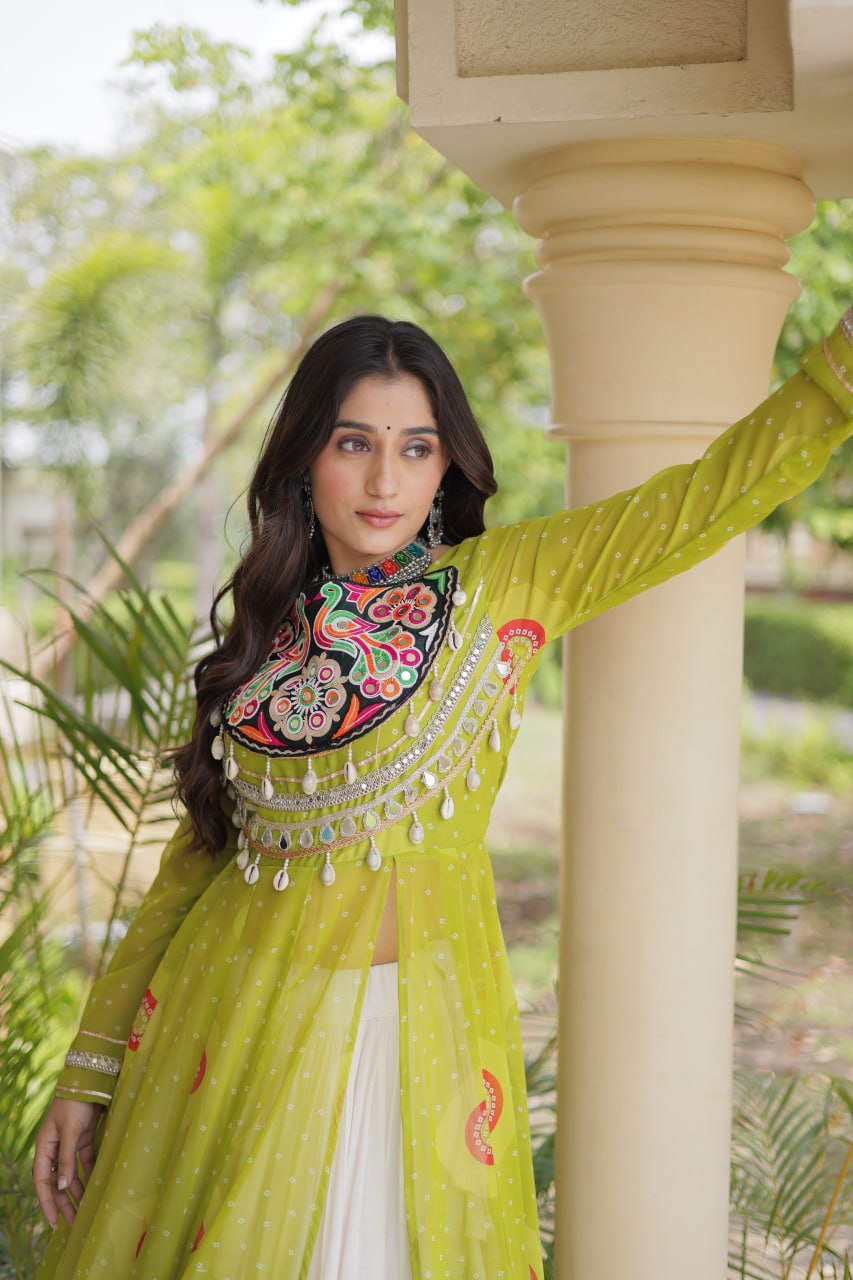 Pista Green Bandhani Print Faux Georgette Kurti With Kutchi Patchwork & Off-White Flared Lehenga Set