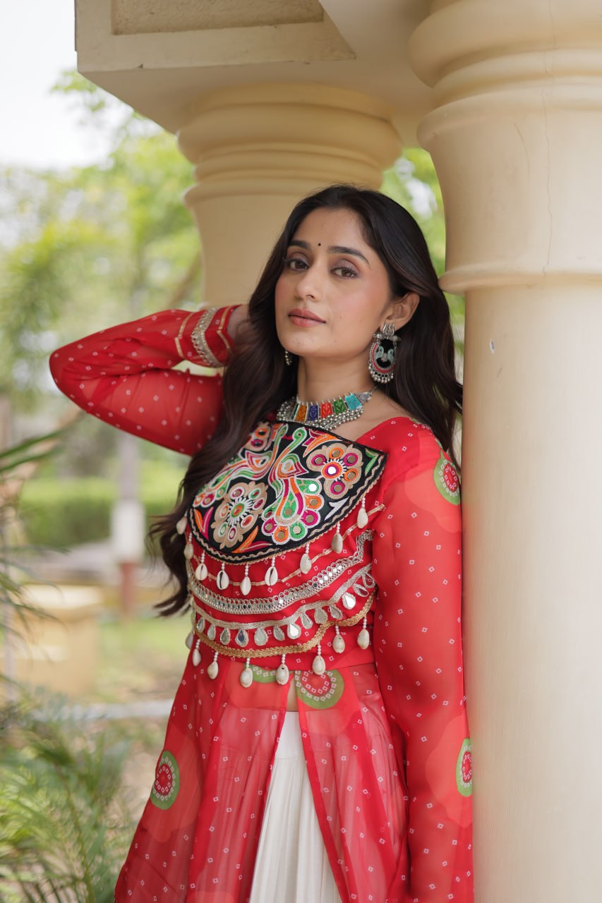 Red Bandhani Print Faux Georgette Kurti With Kutchi Patchwork & Off-White Flared Lehenga Set