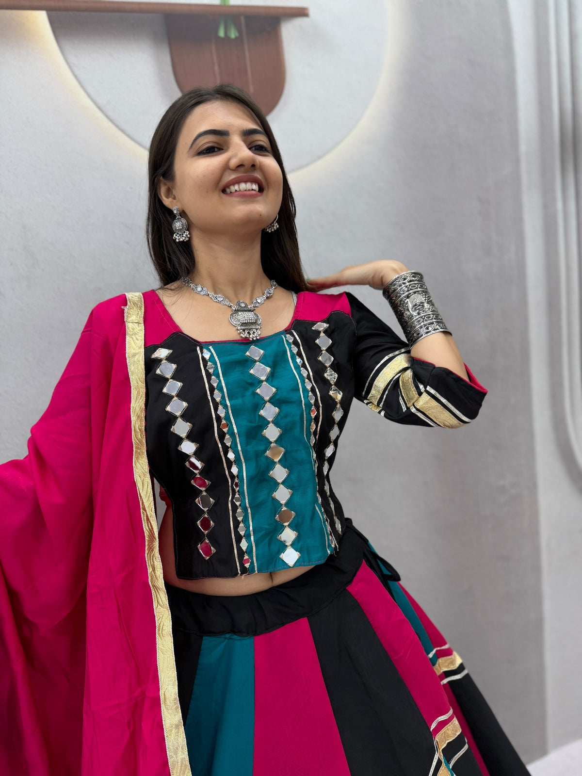 Black, Teal Green & Pink Patchwork Roman Silk Real Mirror Work Navratri Special Flared Lehenga Choli With Dupatta