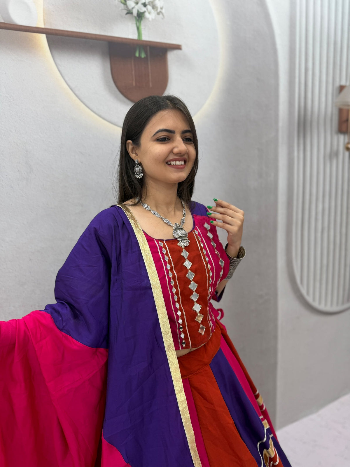 Multicolor Patchwork Roman Silk Real Mirror Work Navratri Special Flared Lehenga Choli With Dupatta