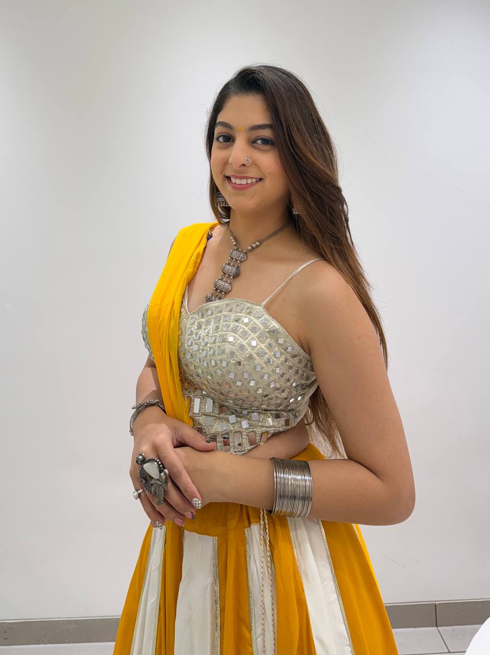 Yellow & White Golden Metti Embroidery With Real Mirror Work Navratri Special Lehenga Choli Set
