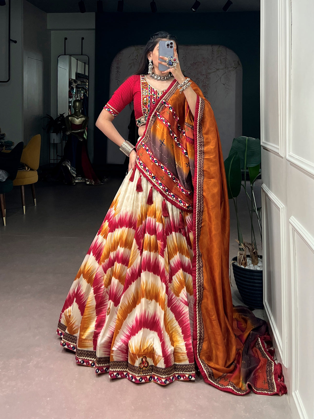 Tasar Silk Cream, Mustard Rust & Pink Tie & Dye Print Navratri Special Flared Lehenga Choli With Embroidered Dupatta
