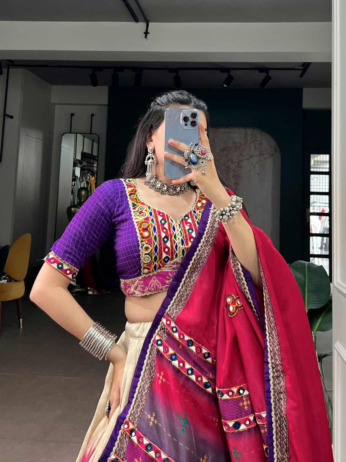 Tasar Silk Cream, Purple & Rani Pink Tie & Dye Print Navratri Special Flared Lehenga Choli With Dupatta