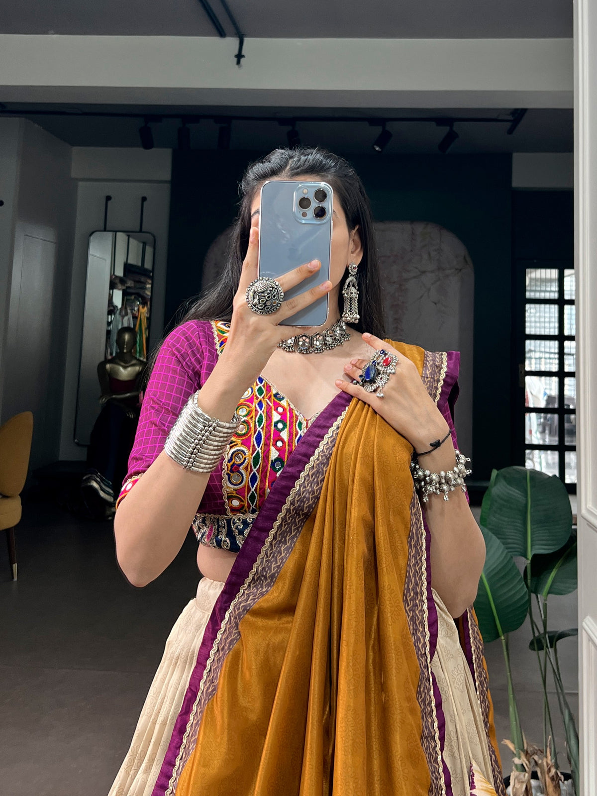 Tasar Silk Cream, Mustard Yellow & Purple Tie & Dye Print Navratri Special Flared Lehenga Choli With Dupatta