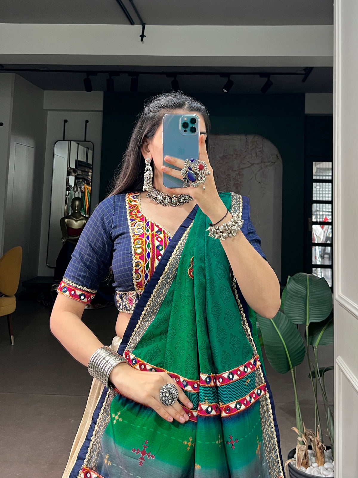 Tasar Silk Cream, Navy Blue & Green Tie & Dye Print Navratri Special Flared Lehenga Choli With Dupatta