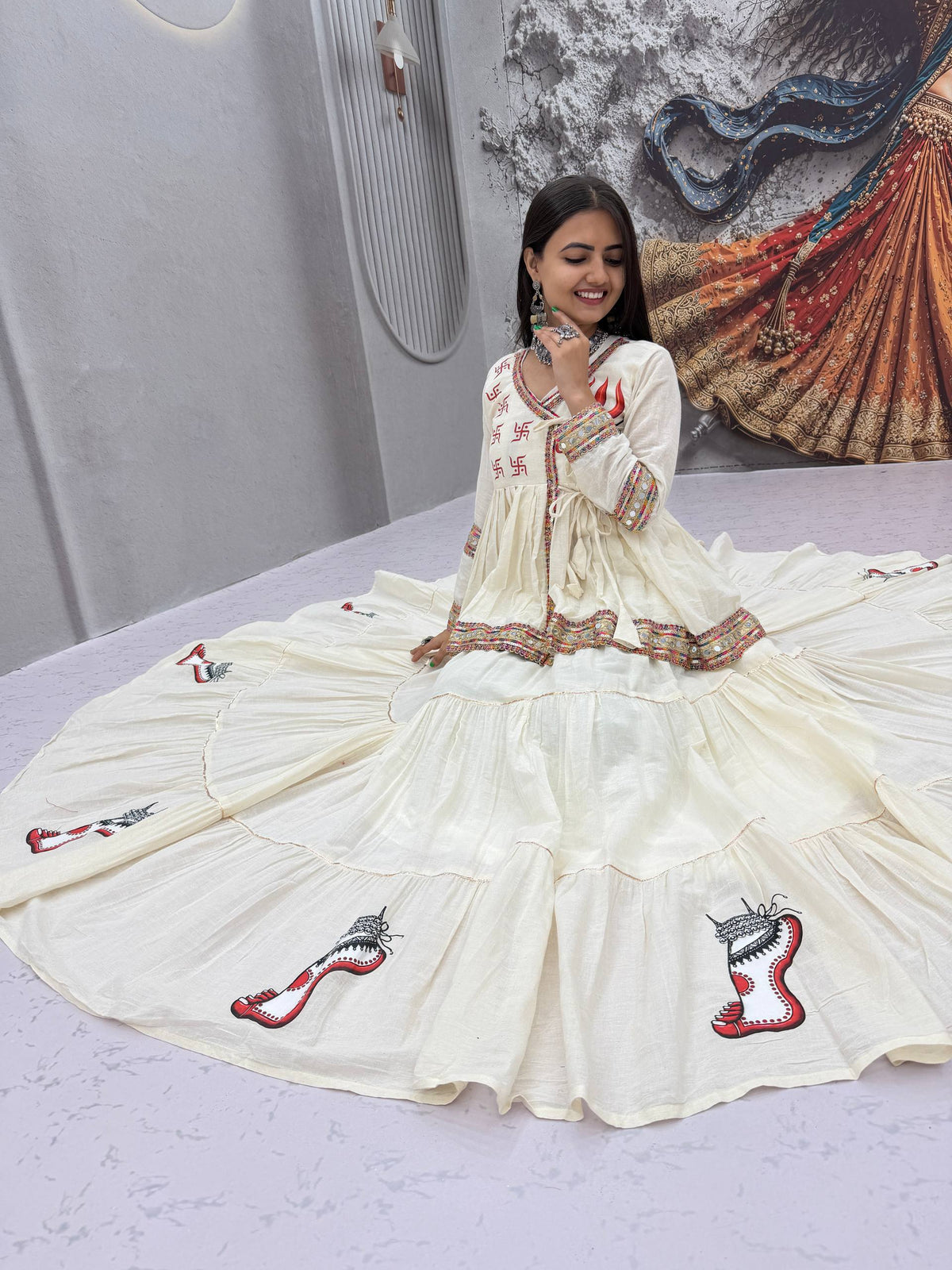 Off-White Pure Micro Cotton Navratri Special Kediya Style Embroidered Top & Flared Lehenga Set