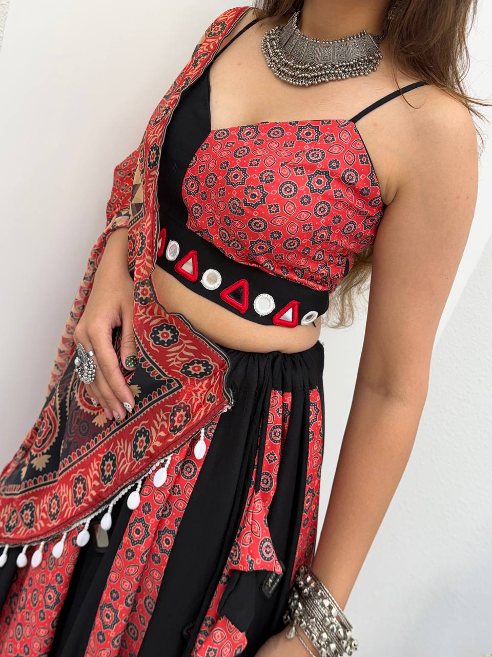 Black & Coral Pink Printed Rayon Embroidery With Real Mirror Work Navratri Lehenga Choli Set With Dupatta