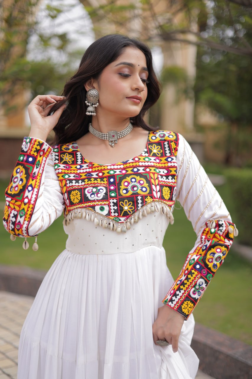 White Rayon With Mukaish & Gamthi Embroidered Patch Yoke Gota Patti Lace Work Navratri Special Anarkali Gown