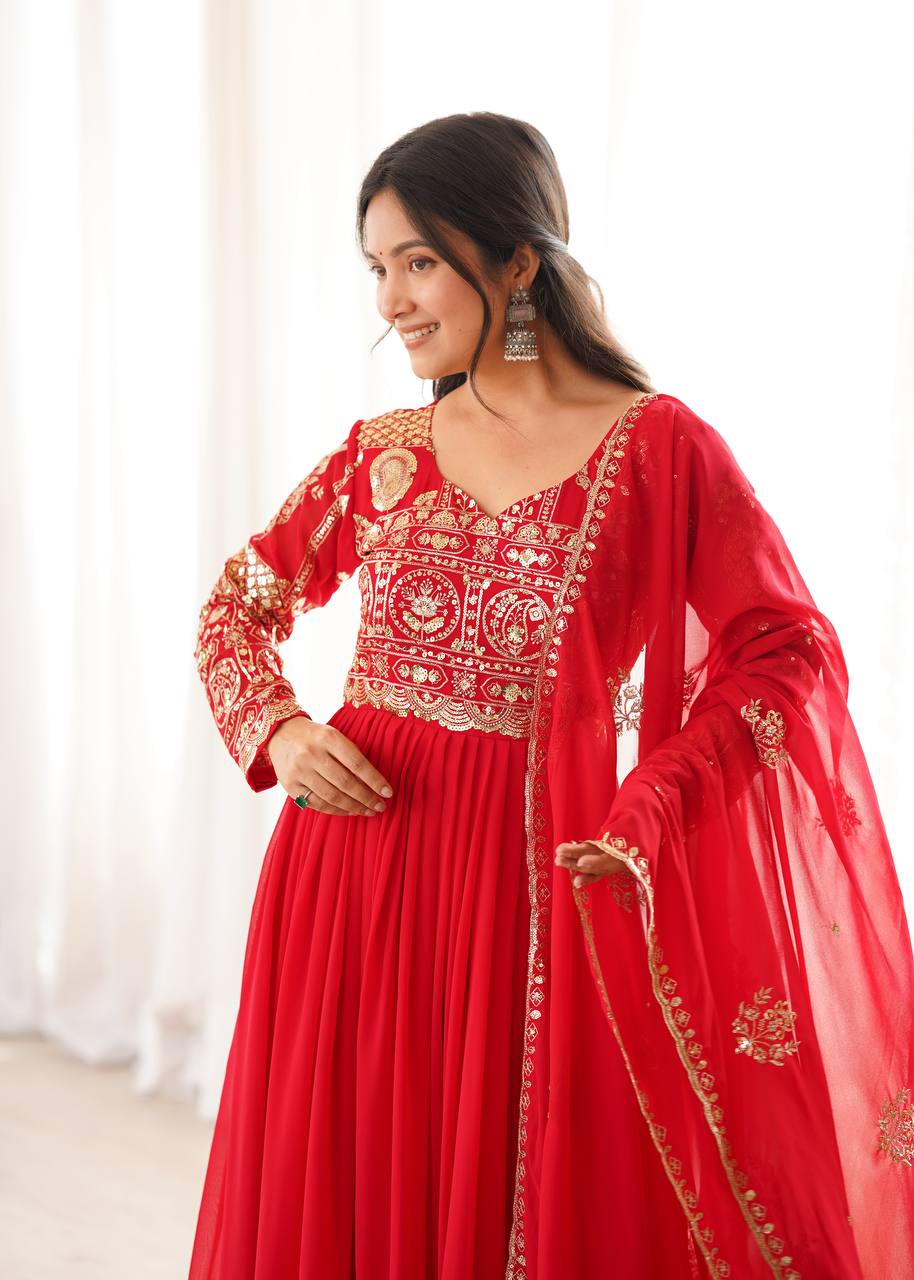 Red Blooming Georgette Sequence & Thread Embroidery Anarkali Gown Set With Dupatta | Micro Cotton Lining