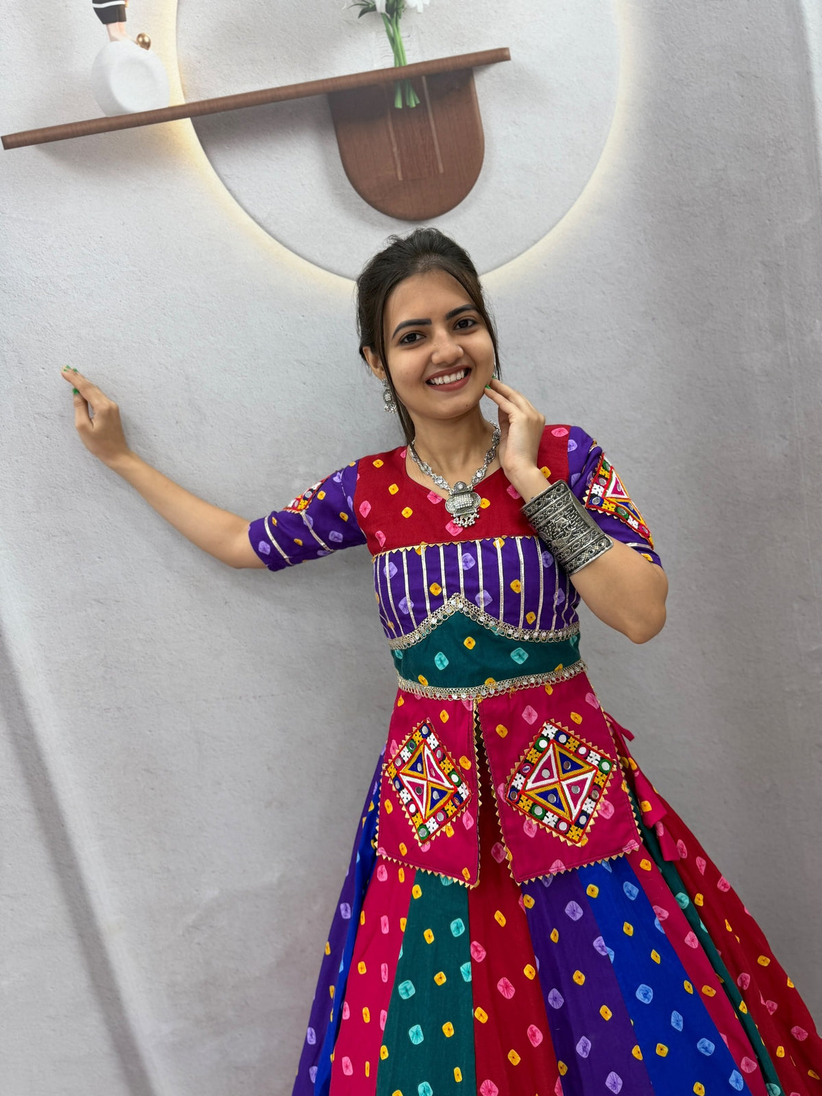 Multi-Color Rayon Cotton Bandhani Print Gamthi & Ribbon Work Navratri Chaniya Choli Set With Lampi Border