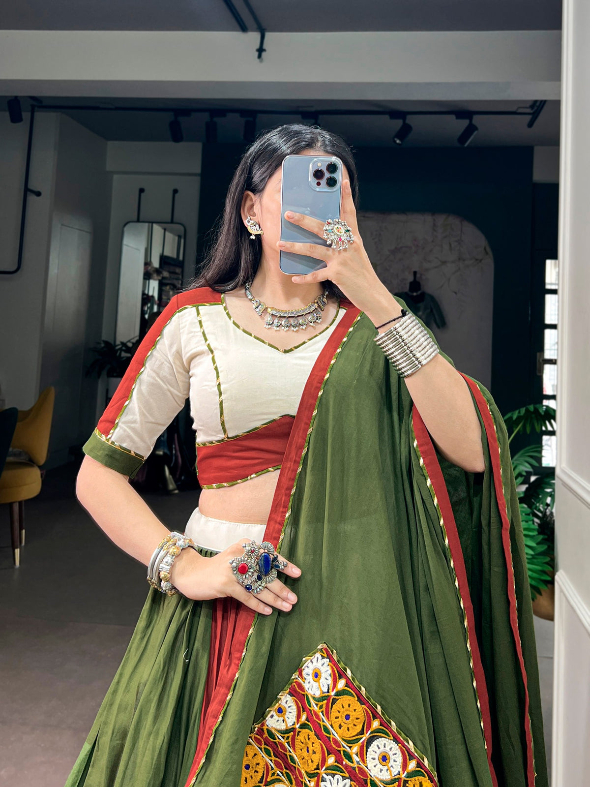 Pure Cotton Colorblock Olive Green, Maroon & Off-White Navratri Lehenga Choli Set With Kutchi Patchwork Dupatta