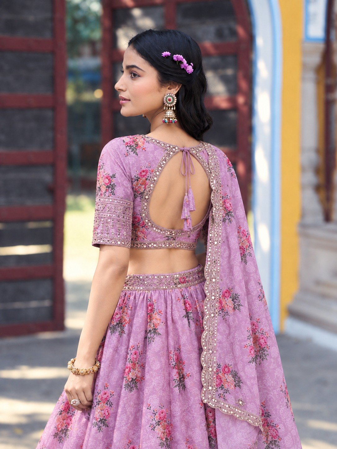 Lavender Pink Premium Star Georgette Floral Digital Print With Rich Zari, Sequence & Embroidery Work Lehenga Choli Set With Dupatta