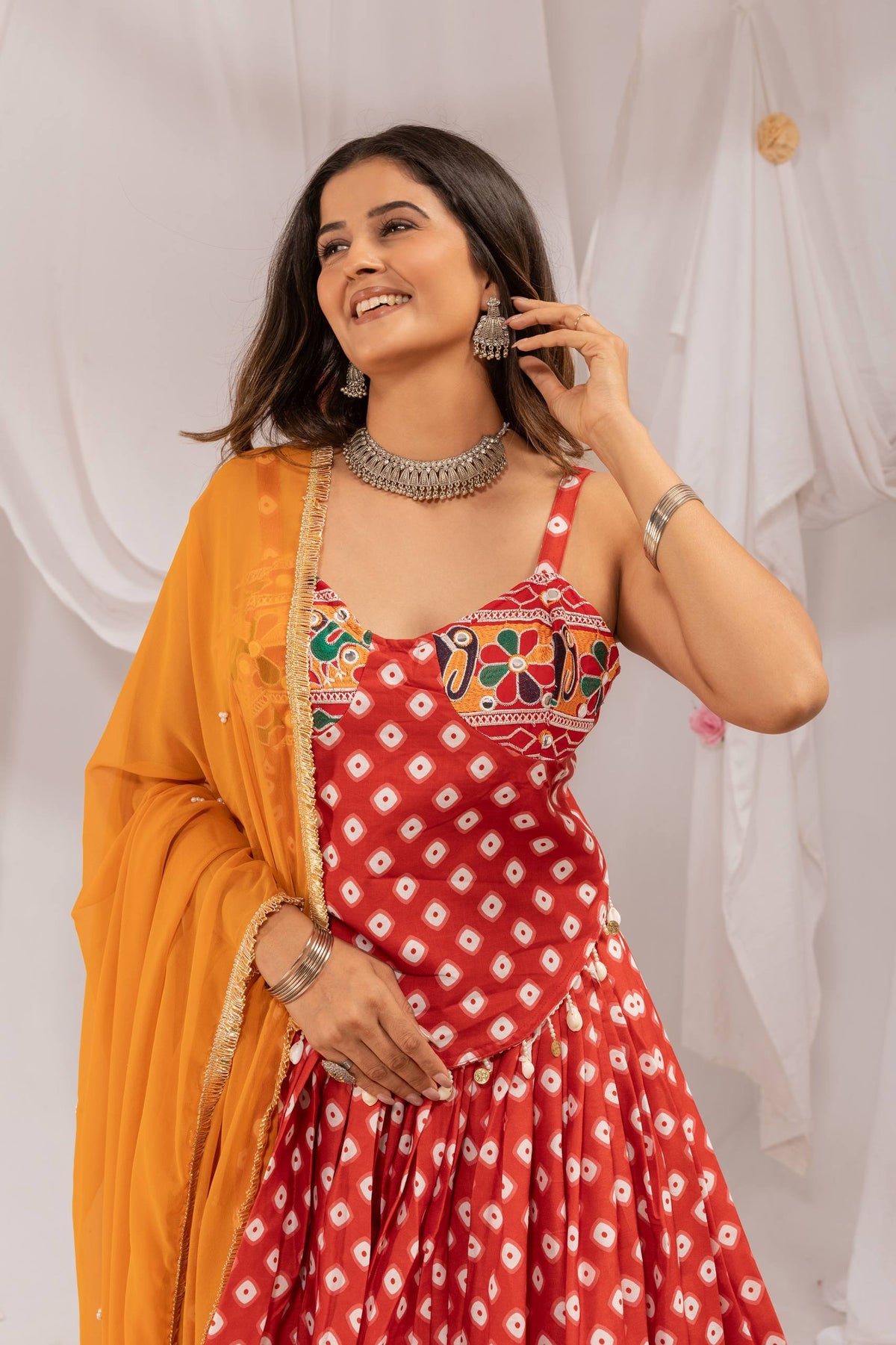 Red & Yellow Pure Cotton Bandhani Digital Print & Kutchi Embroidery Mirror Work Navratri Special Flared Lehenga Choli Set With Dupatta