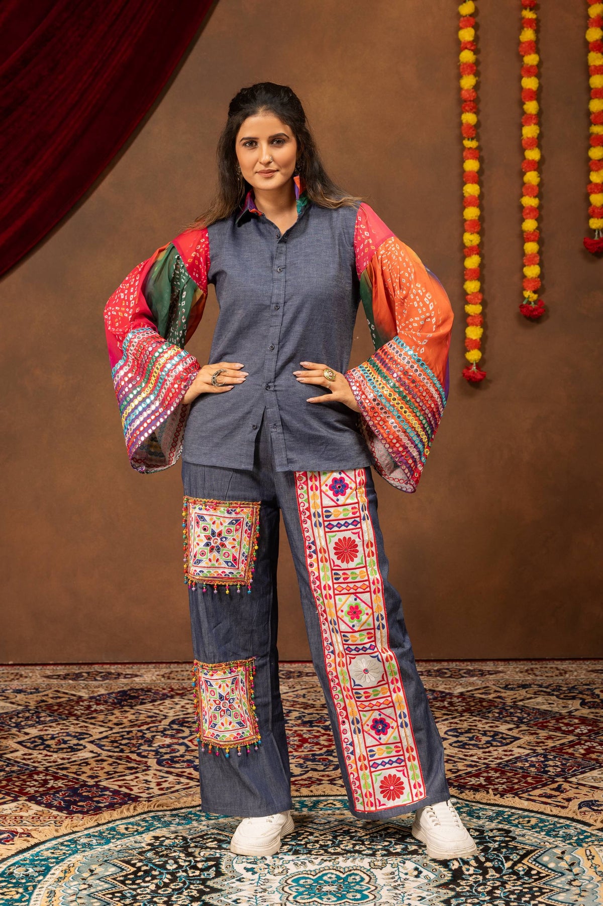 Blue Cotton Denim Navratri Indo-Western Shirt & Jeans Co-Ord Set With Bandhani Sleeves, Mirror Work & Kutchi Embroidery Patch Work