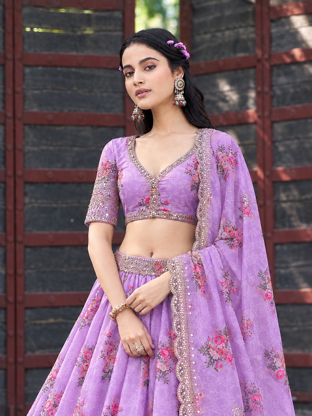 Lilac Purple Premium Star Georgette Floral Digital Print With Rich Zari, Sequence & Embroidery Work Lehenga Choli Set With Dupatta