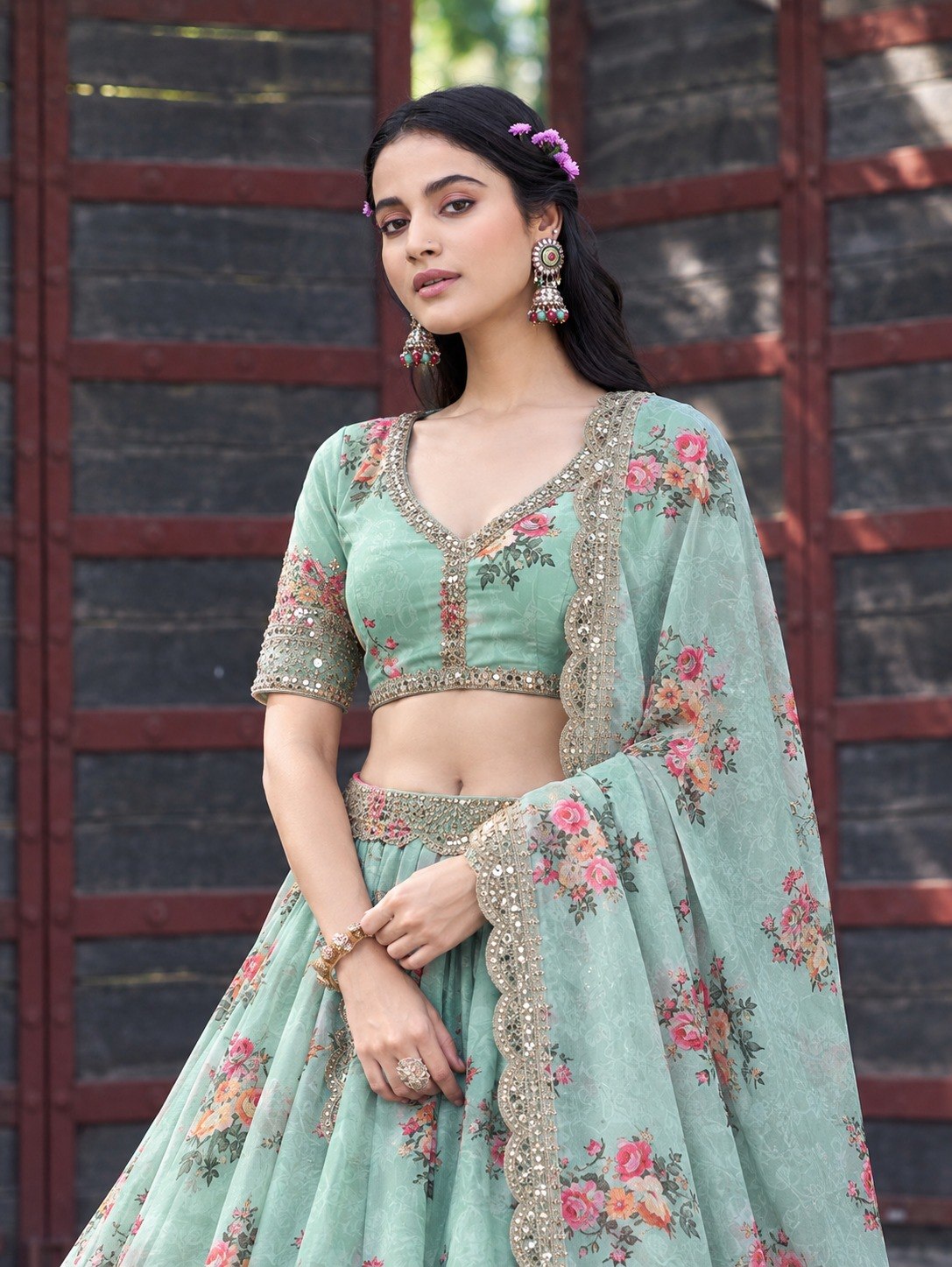 Mint Green Premium Star Georgette Floral Digital Print With Rich Zari, Sequence & Embroidery Work Lehenga Choli Set With Dupatta