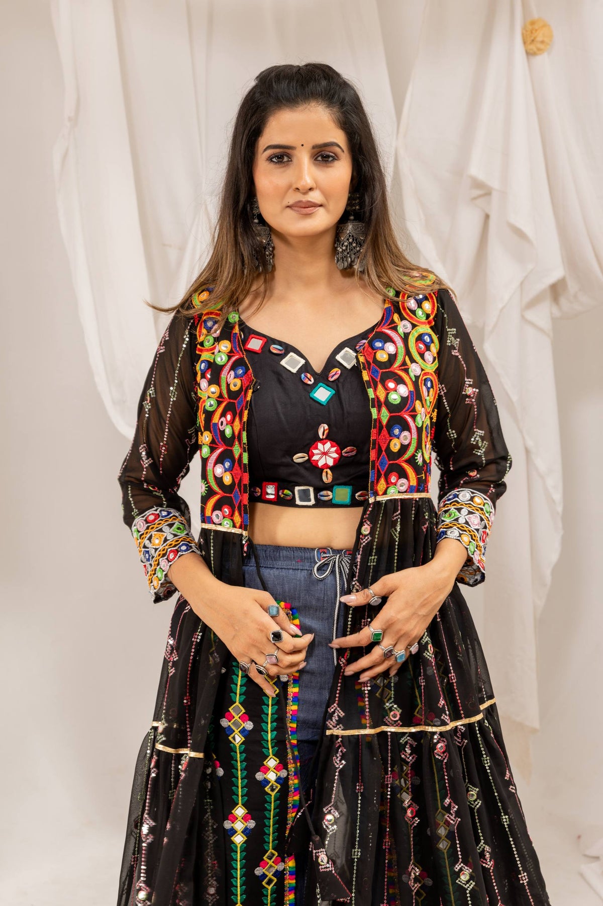 Black Faux Georgette Ruffle Layered Long Shrug & Denim Jeans Indo-Western Navratri Set With Foil Mirror & Embroidery Work