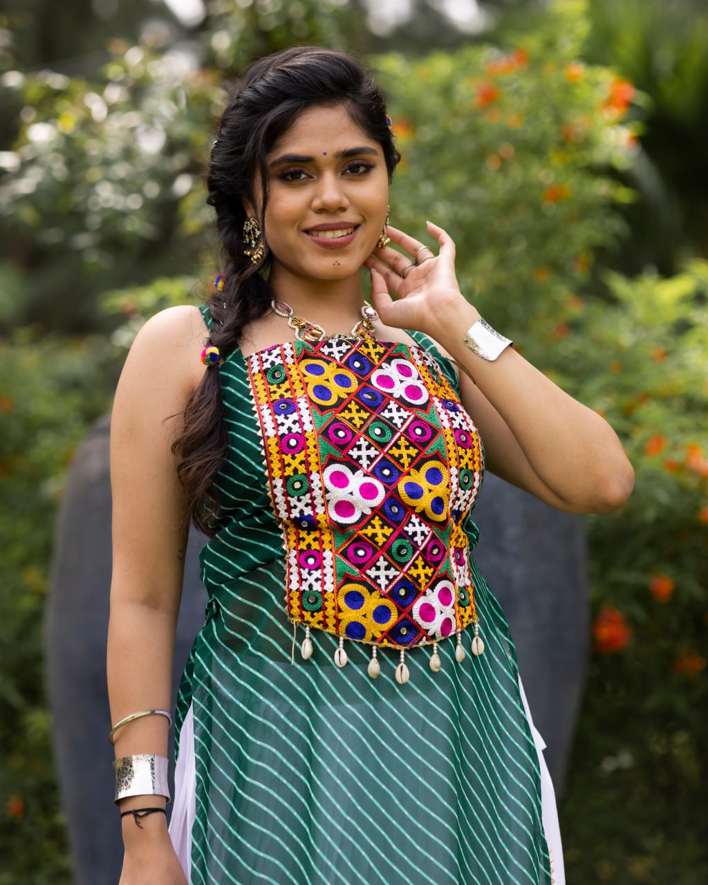 Pure Rayon Cotton White Frill Lehenga Choli with Bottle Green Kutchi Mirror Embroidered Strap Top & Leheriya Overlay