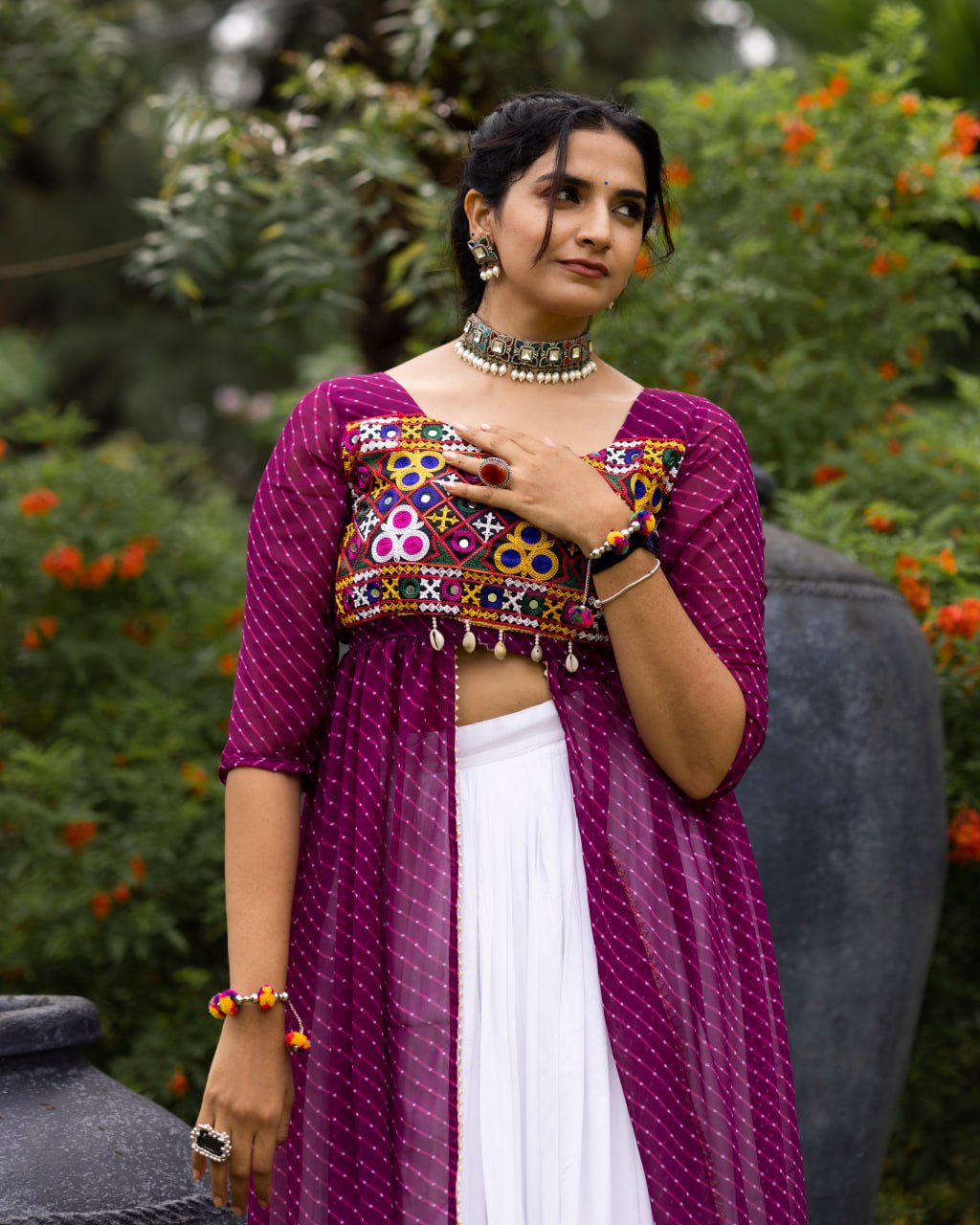 Pure Rayon Cotton White Frill Lehenga Choli with Wine Kutchi Mirror Embroidered Blouse & Leheriya Shrug