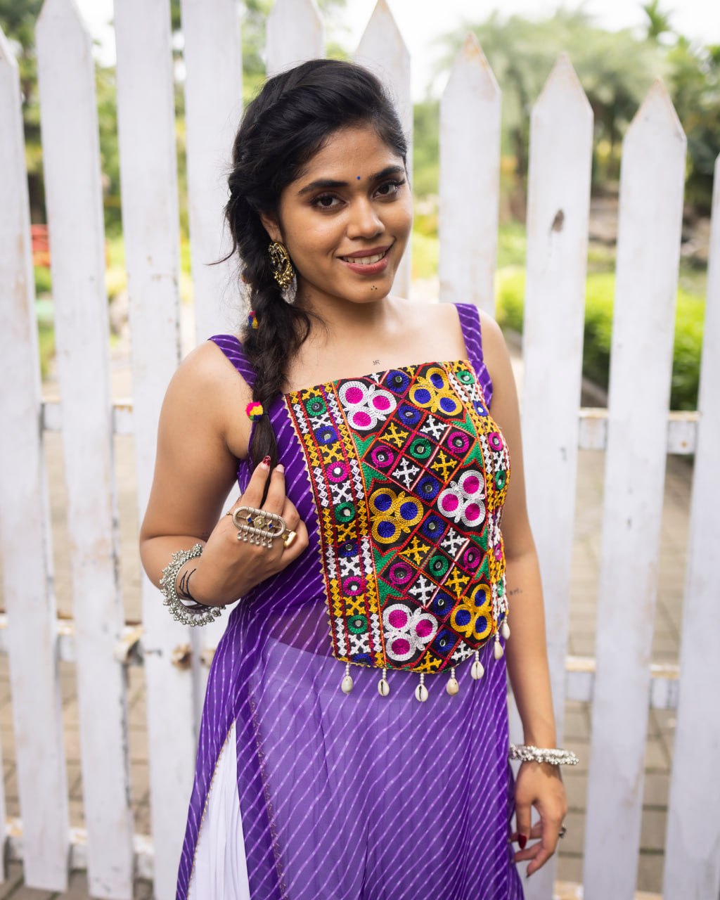 Pure Rayon Cotton White Frill Lehenga Choli with Purple Kutchi Mirror Embroidered Strap Top & Leheriya Overlay