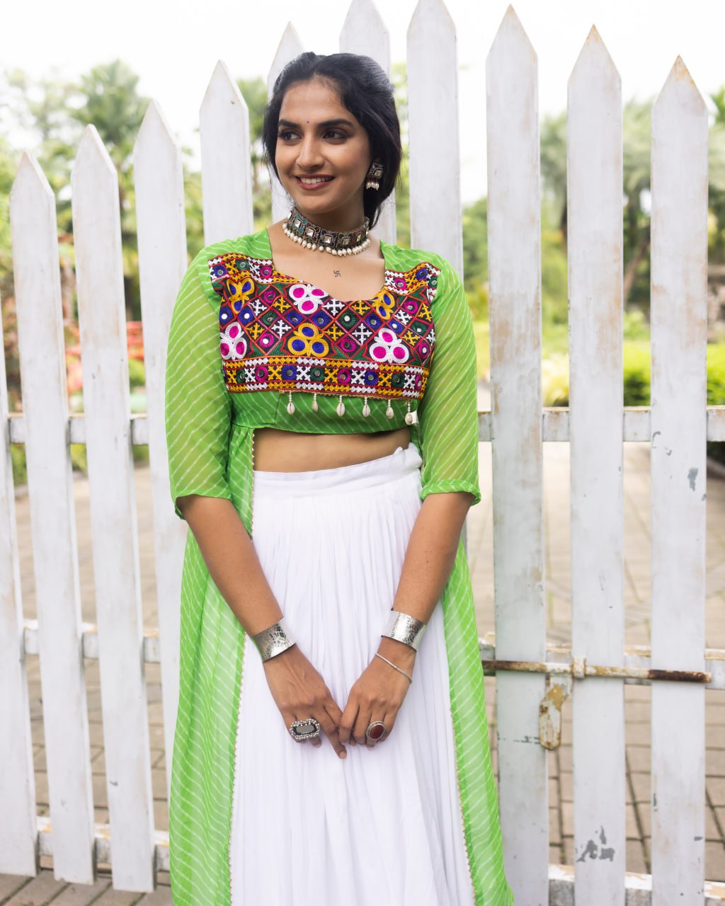 Pure Rayon Cotton White Frill Lehenga Choli with Parrot Green Kutchi Mirror Embroidered Blouse & Leheriya Shrug