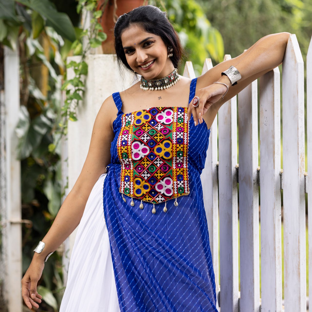 Pure Rayon Cotton White Frill Lehenga Choli with Royal Blue Kutchi Mirror Embroidered Strap Top & Leheriya Overlay