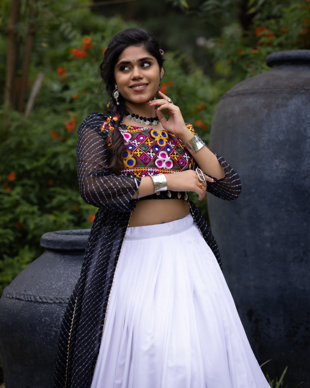 Pure Rayon Cotton White Frill Lehenga Choli with Black Kutchi Mirror Embroidered Blouse & Leheriya Shrug