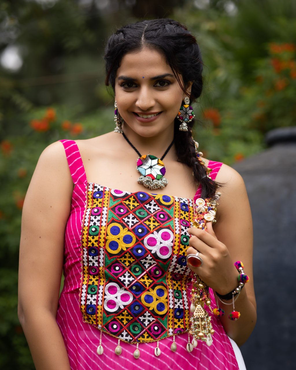 Pure Rayon Cotton White Frill Lehenga Choli with Rani Pink Kutchi Mirror Embroidered Strap Top & Leheriya Overlay