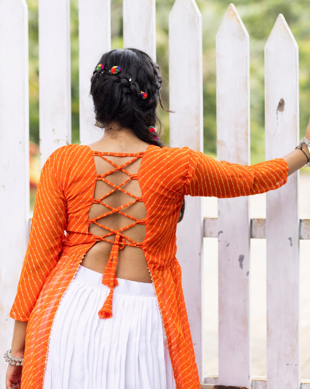 Pure Rayon Cotton White Frill Lehenga Choli with Orange Kutchi Mirror Embroidered Blouse & Leheriya Shrug