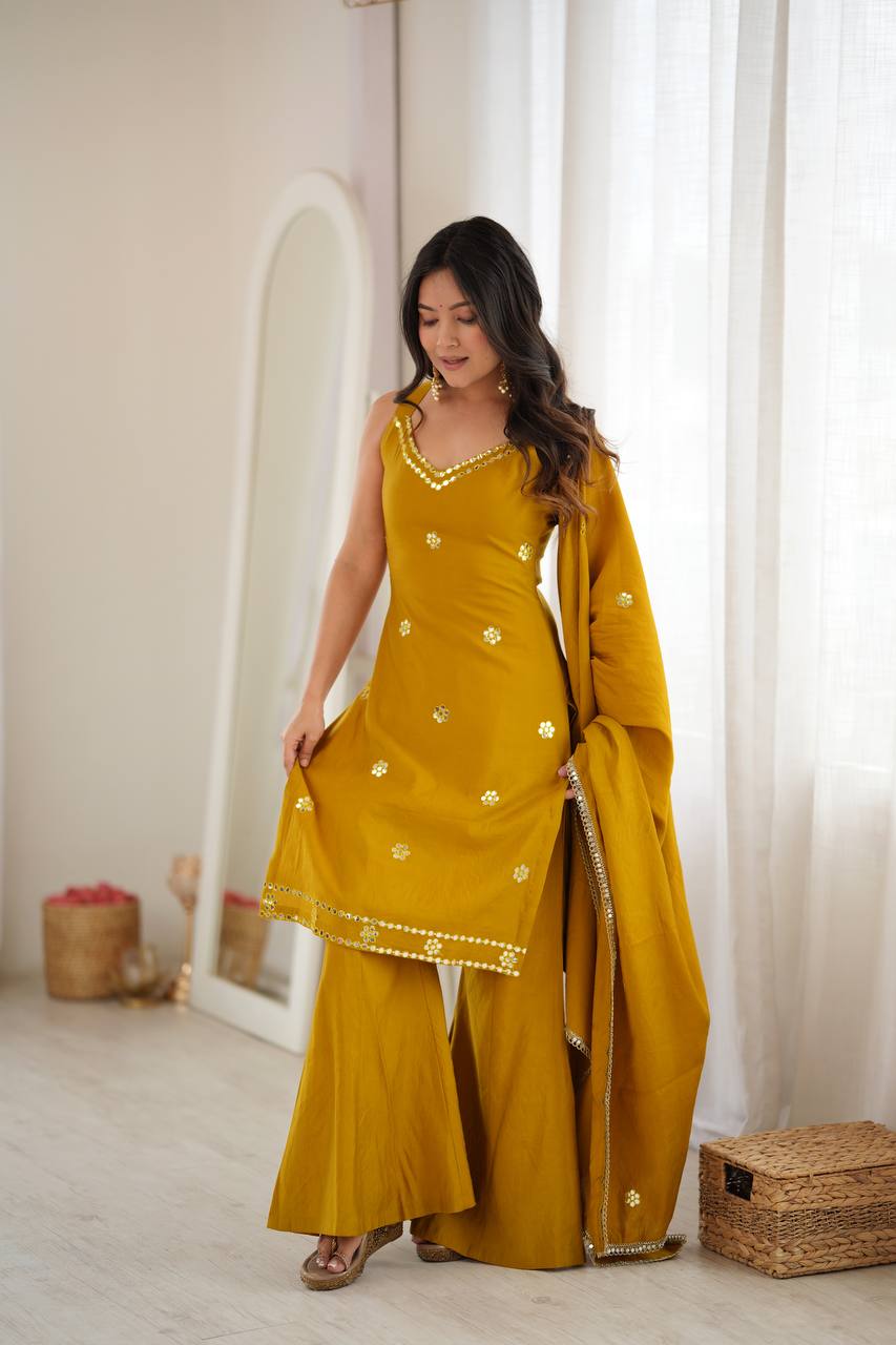 Mustard Yellow Roman Silk Sleeveless Kurti With Foil Paper Embroidery Work Palazzo & Dupatta Suit Set