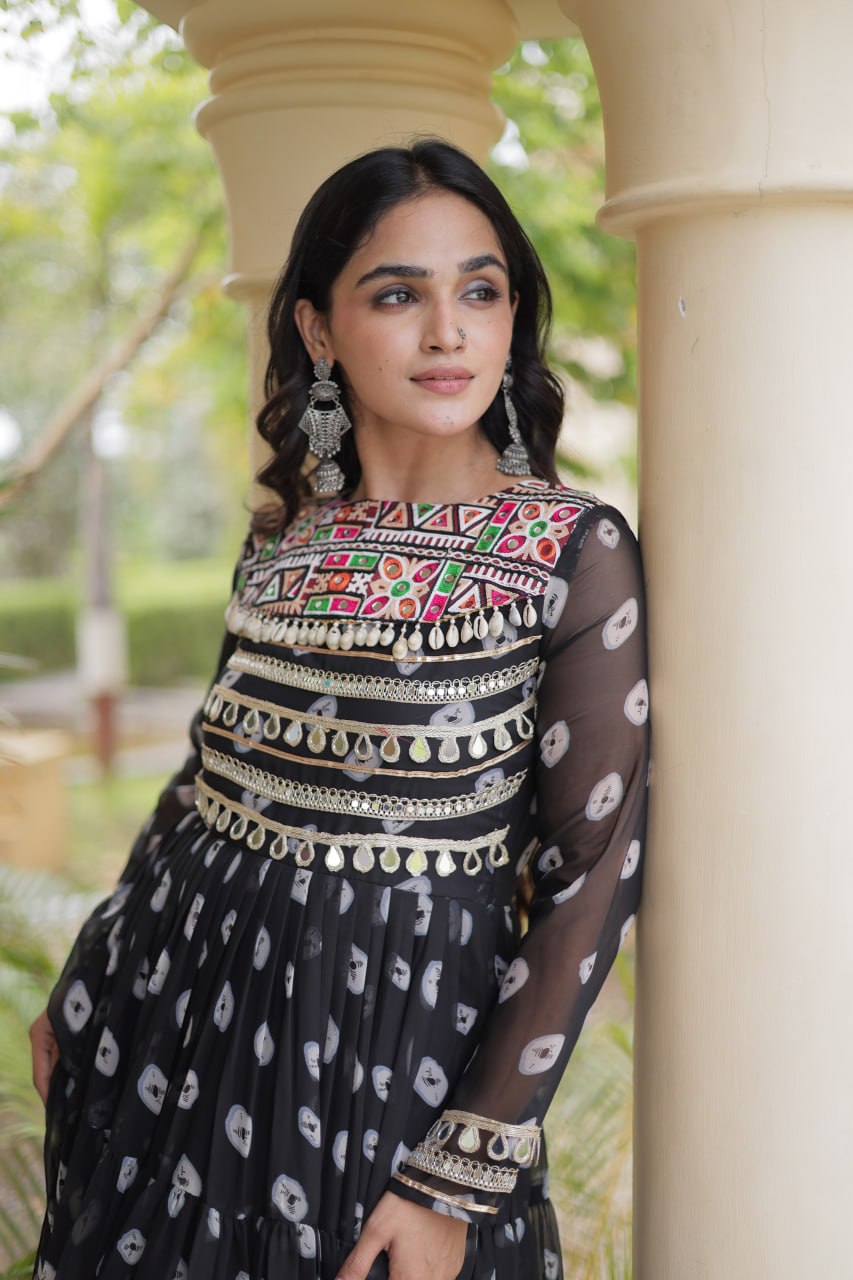 Black Bandhani Printed Faux Georgette Anarkali Gown With Kutchi Embroidered Patchwork & Mirror Work Detailing