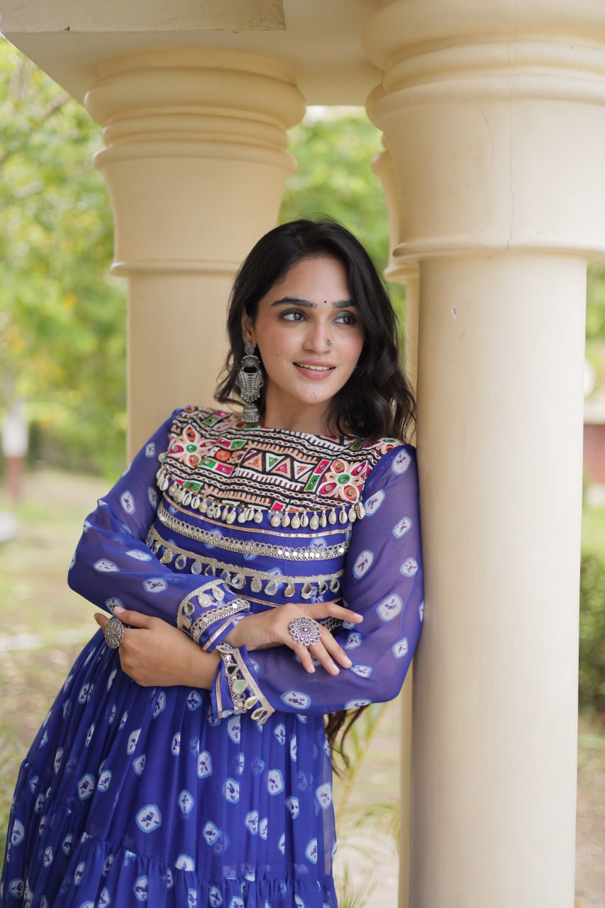 Royal Blue Bandhani Printed Faux Georgette Anarkali Gown With Kutchi Embroidered Patchwork & Mirror Work Detailing