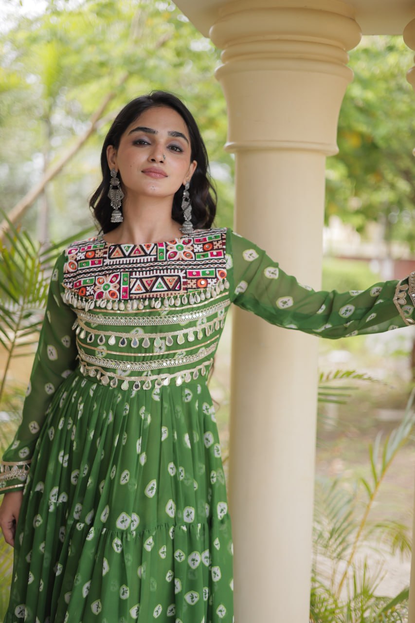 Bottle Green Bandhani Printed Faux Georgette Anarkali Gown With Kutchi Embroidered Patchwork & Mirror Work Detailing