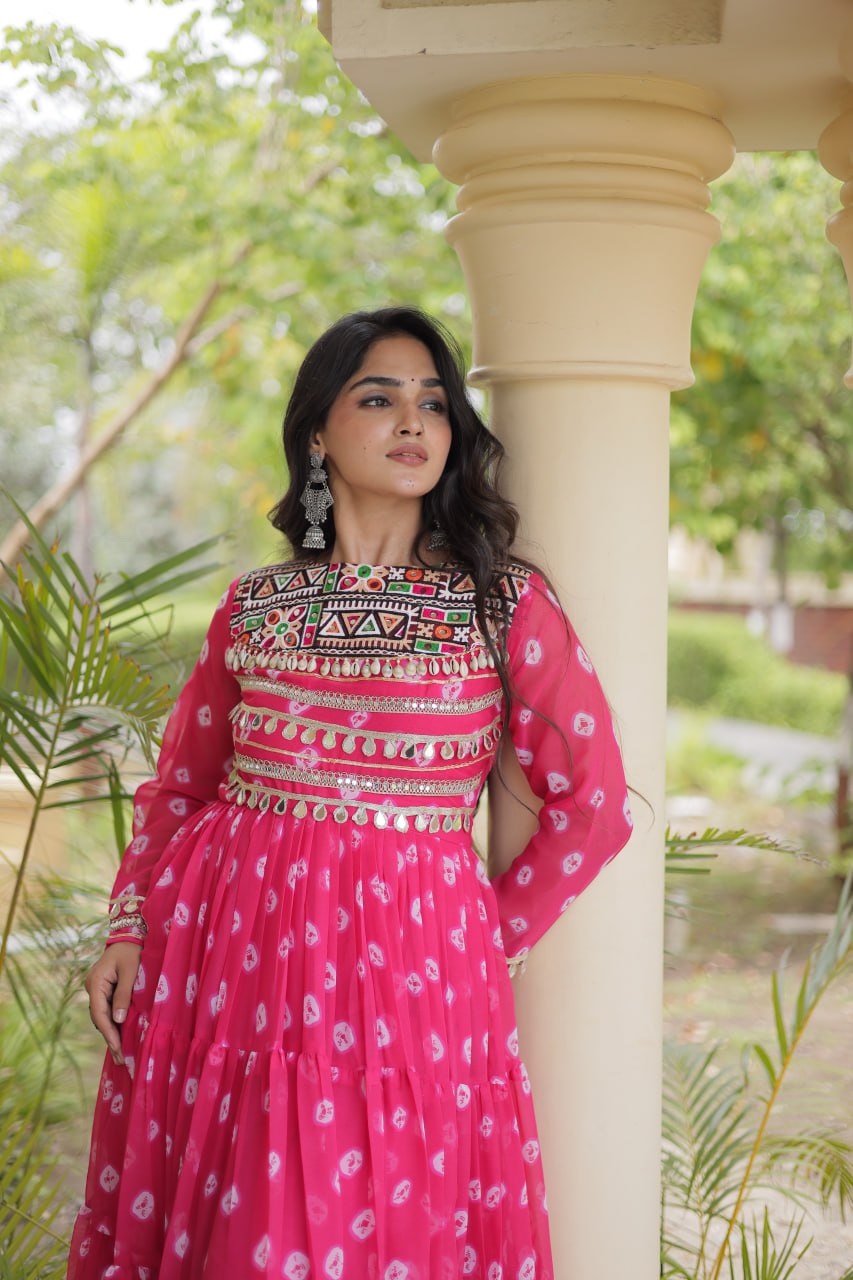 Rani Pink Bandhani Printed Faux Georgette Anarkali Gown With Kutchi Embroidered Patchwork & Mirror Work Detailing