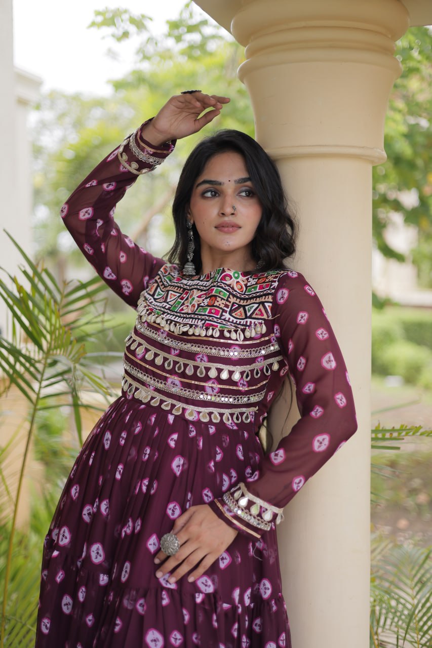 Wine Purple Bandhani Printed Faux Georgette Anarkali Gown With Kutchi Embroidered Patchwork & Mirror Work Detailing