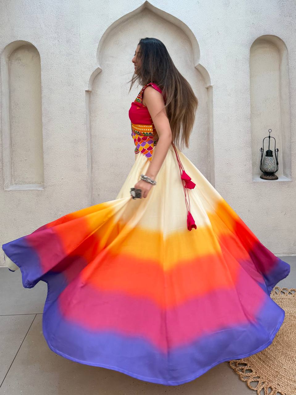 Multicolor Ombre Gradient Silk Flared Navratri Lehenga Choli Set With Kutchi Real Mirror Embroidery Work Blouse