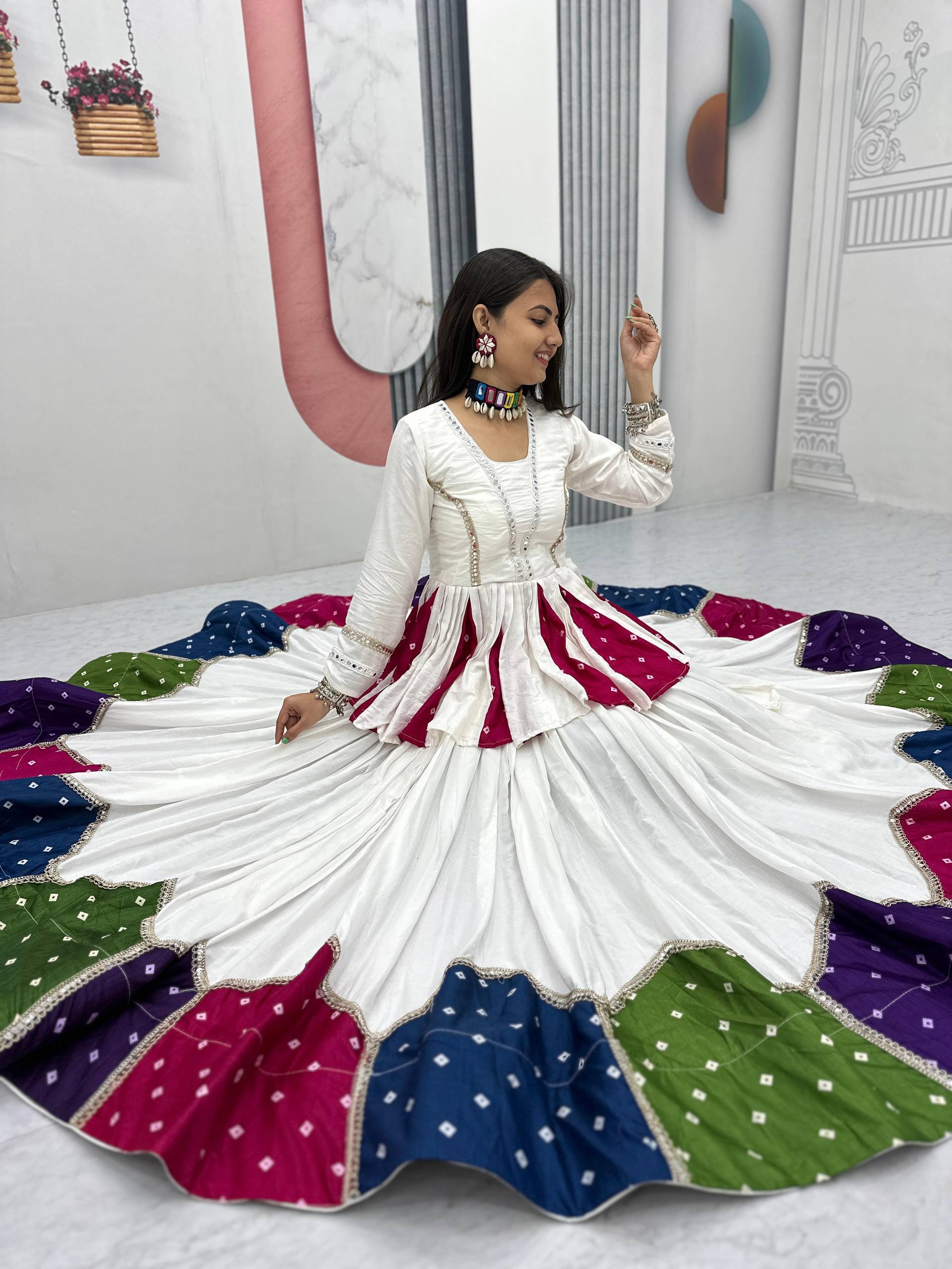 Navratri Special Off-White Flared Lehenga with Multi-Color Bandhej Border & Matching Long-Sleeve Peplum Kediyu Top Set