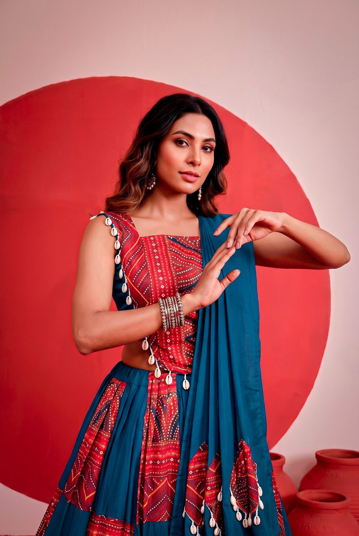Peacock Blue & Red Pure Rayon Printed & Foil Work Navratri Special Flared Lehenga Choli Set With Cowrie Shell (Kodi) Lace Detailing & Dupatta