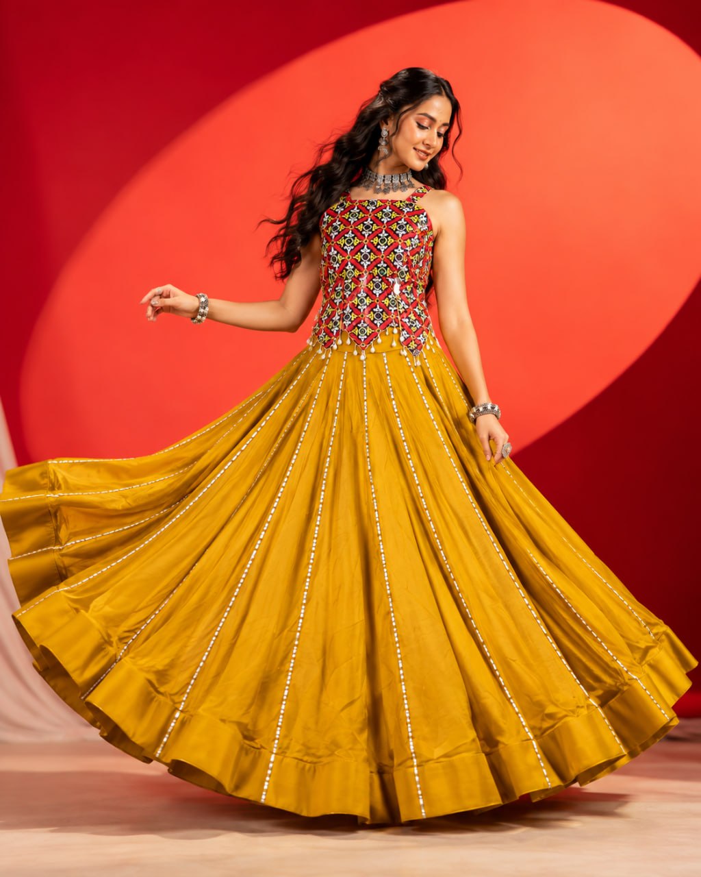 Mustard Yellow Pure Rayon Cotton Flared Kalidar Navratri Lehenga Set With Mirror & Thread Embroidered Blouse
