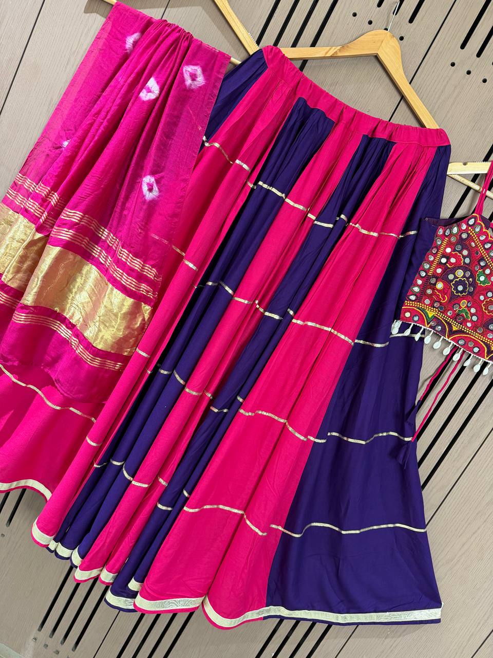 Navy Blue & Rani Pink Rayon Real Mirror Embroidery Navratri Lehenga Choli Set With Bandhani Dupatta