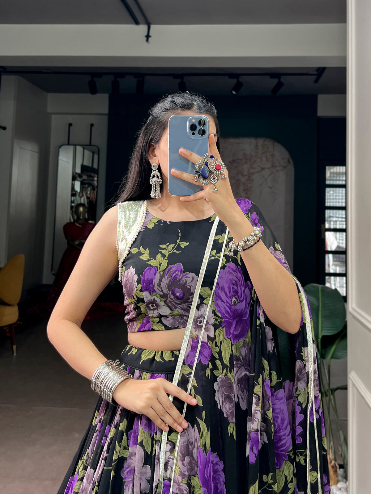 Black & Purple Floral Printed Georgette Flared Navratri Lehenga Choli Set With Broad Zari Border & Matching Dupatta