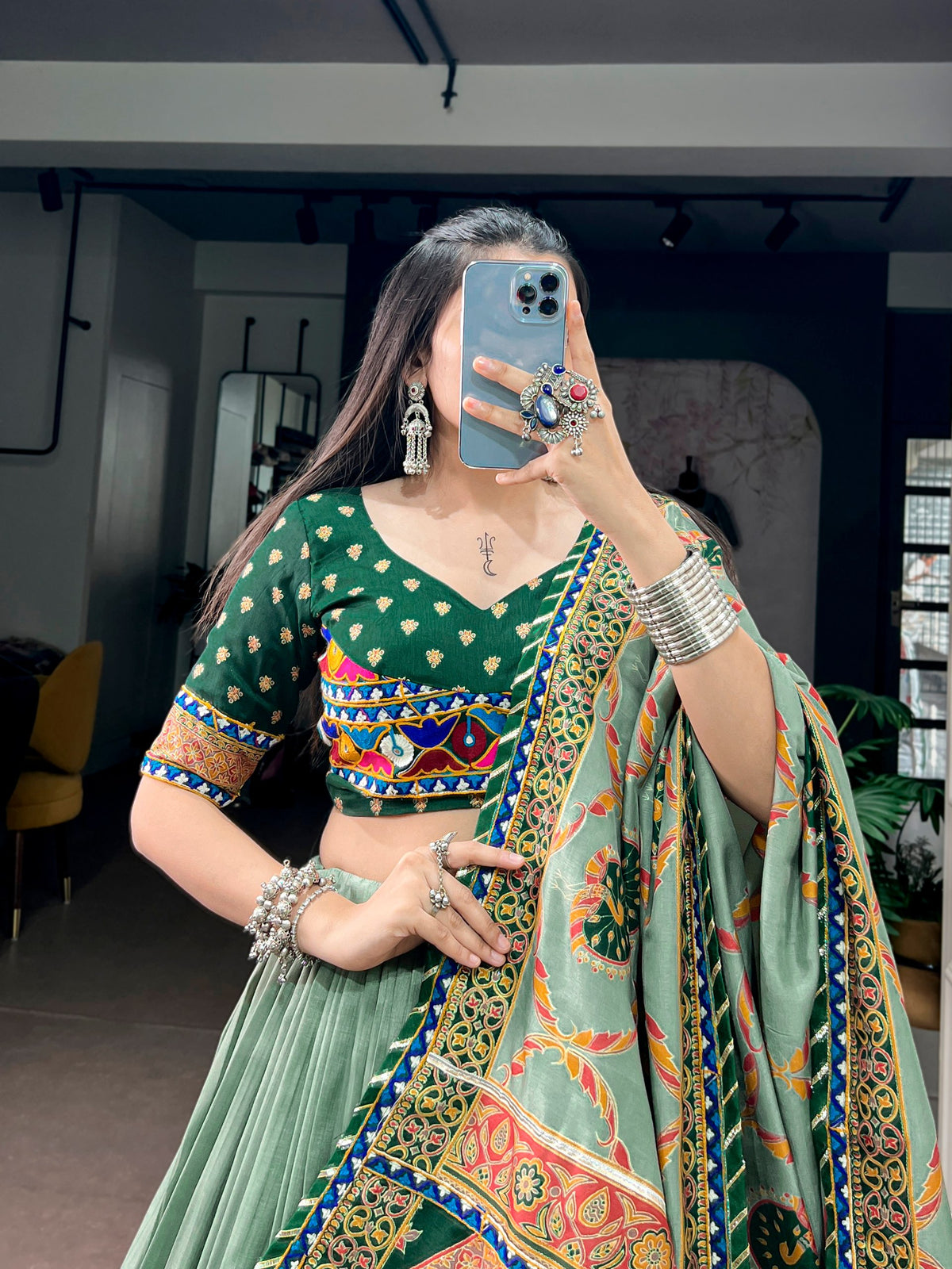 Pista Green & Dark Green Tussar Silk Flared Navratri Lehenga Choli Set With Traditional Printed Gamthi Work Border & Embroidered Blouse